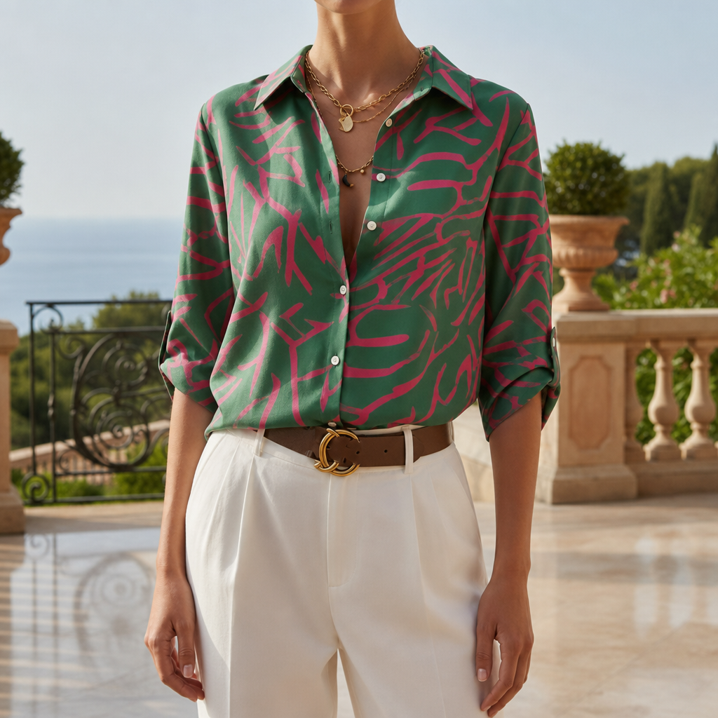 Cadaques Geometric Print Blouse in Green