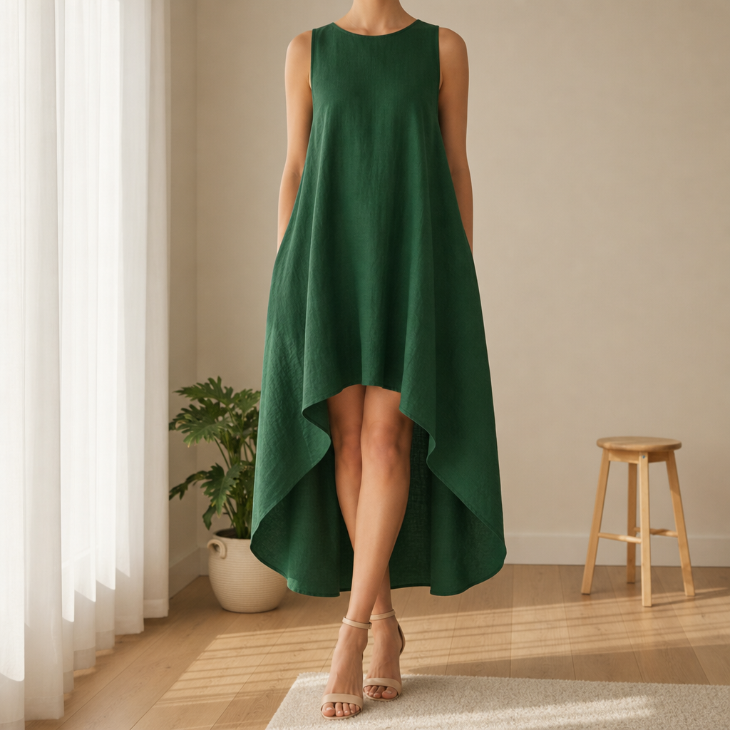 Pisa Asymmetric Linen Midi Dress in Green