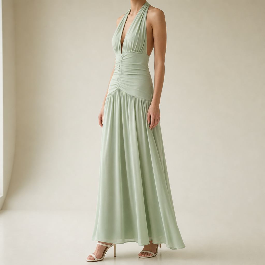 Beziers Ruched Halter Maxi Dress in Mint Green