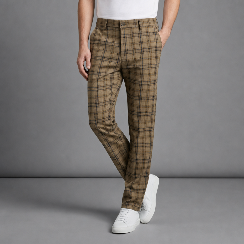 Cartagena Plaid Tapered Trousers in Khaki