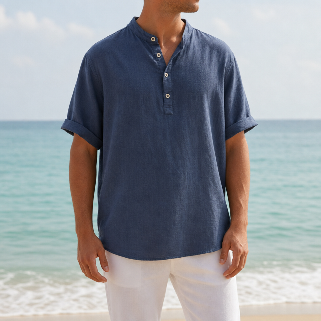 Porquerolles Linen Henley Shirt in Navy Blue