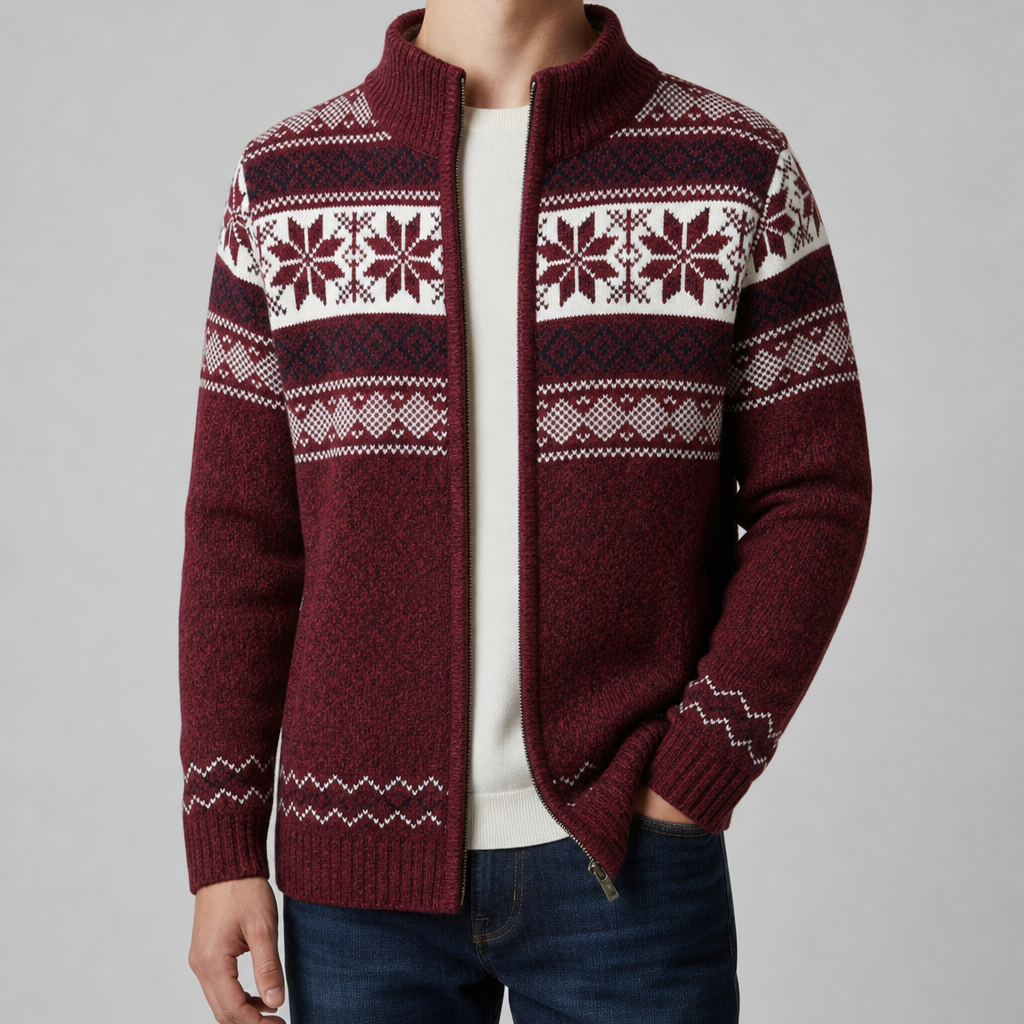 Obidos Nordic Fleece-Lined Cardigan in Burgundy