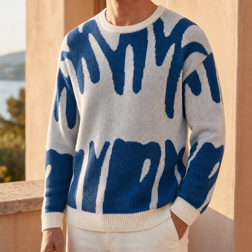 Larnaca Abstract Crewneck Knit Sweater in Blue