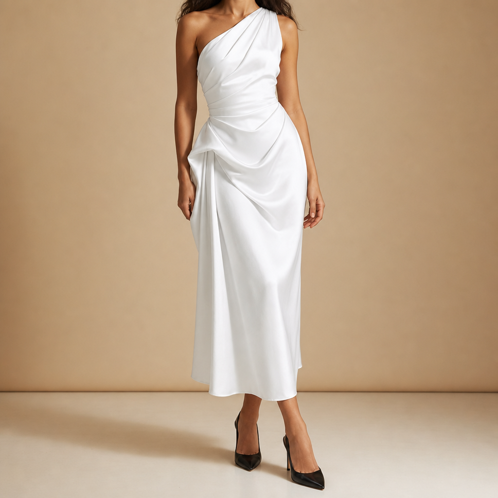 Figueres Ruched Satin Midi Dress in White