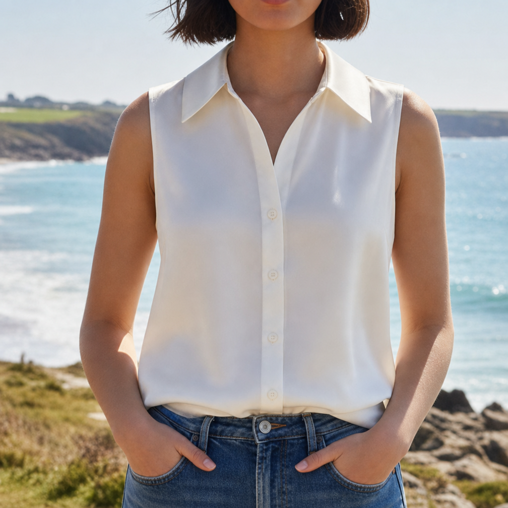 Hvar Satin Sleeveless Blouse in White