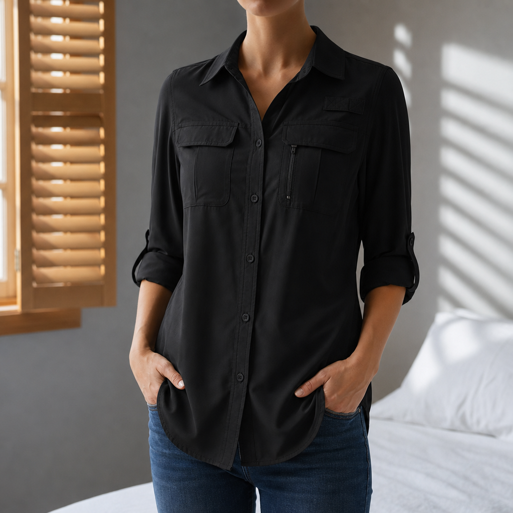 Frigiliana Roll-Sleeve Outdoor Shirt in Black