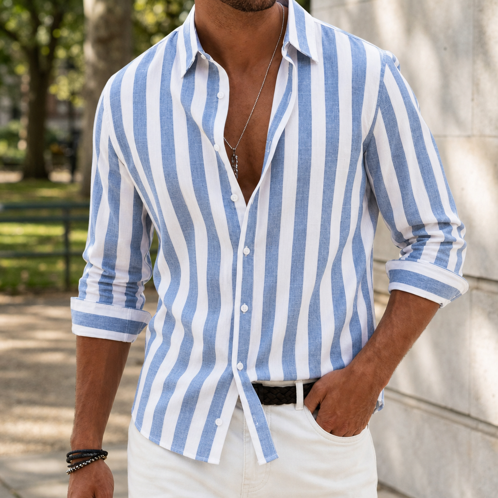 Olviera Striped Linen Button-Up in Blue