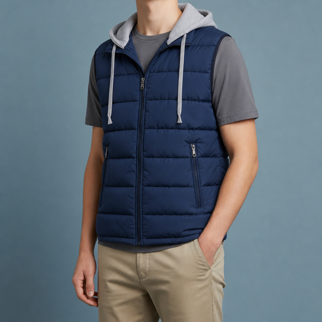 Tarifa Quilted Hooded Vest in Navy Blue