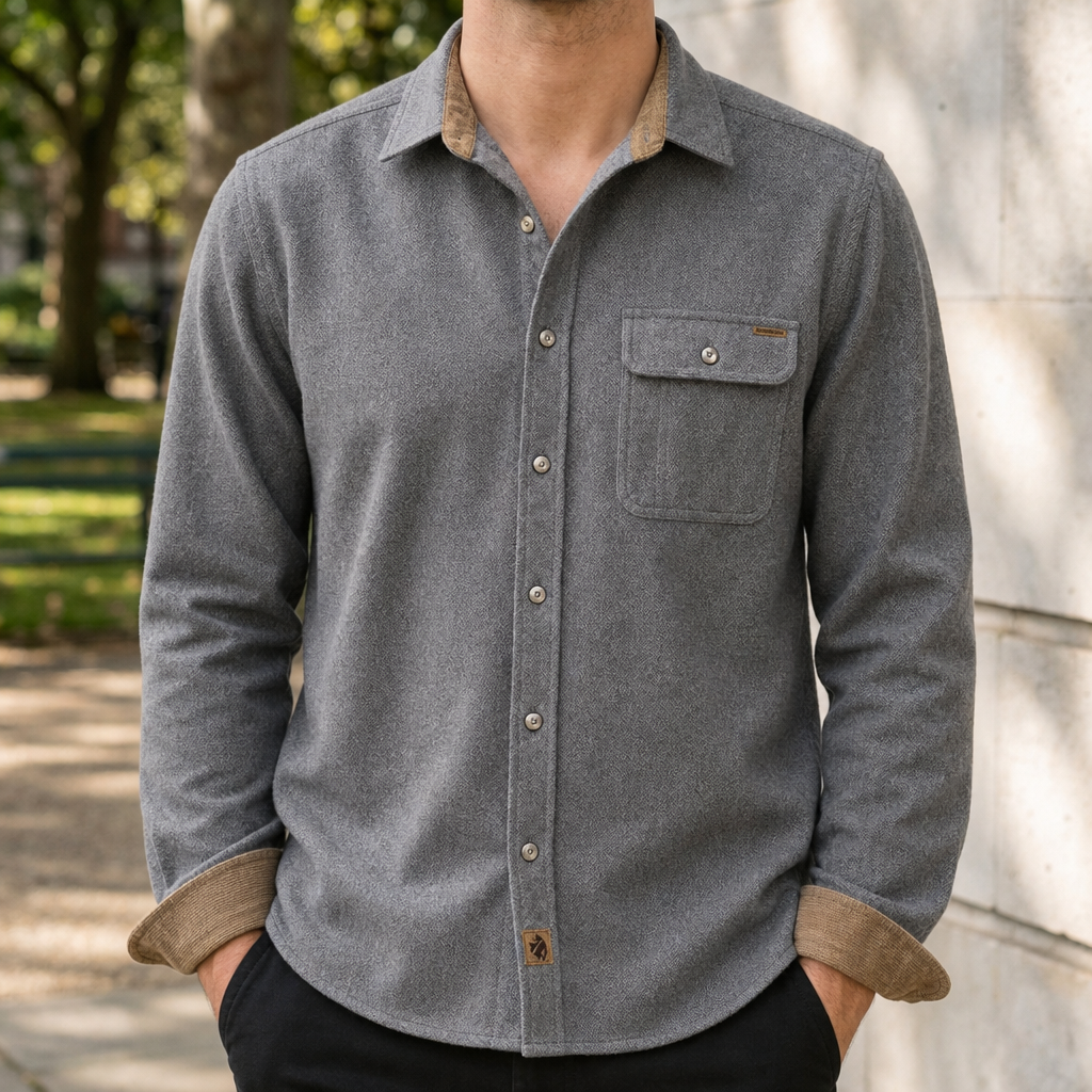 Kea Corduroy Trim Flannel Shirt in Gray