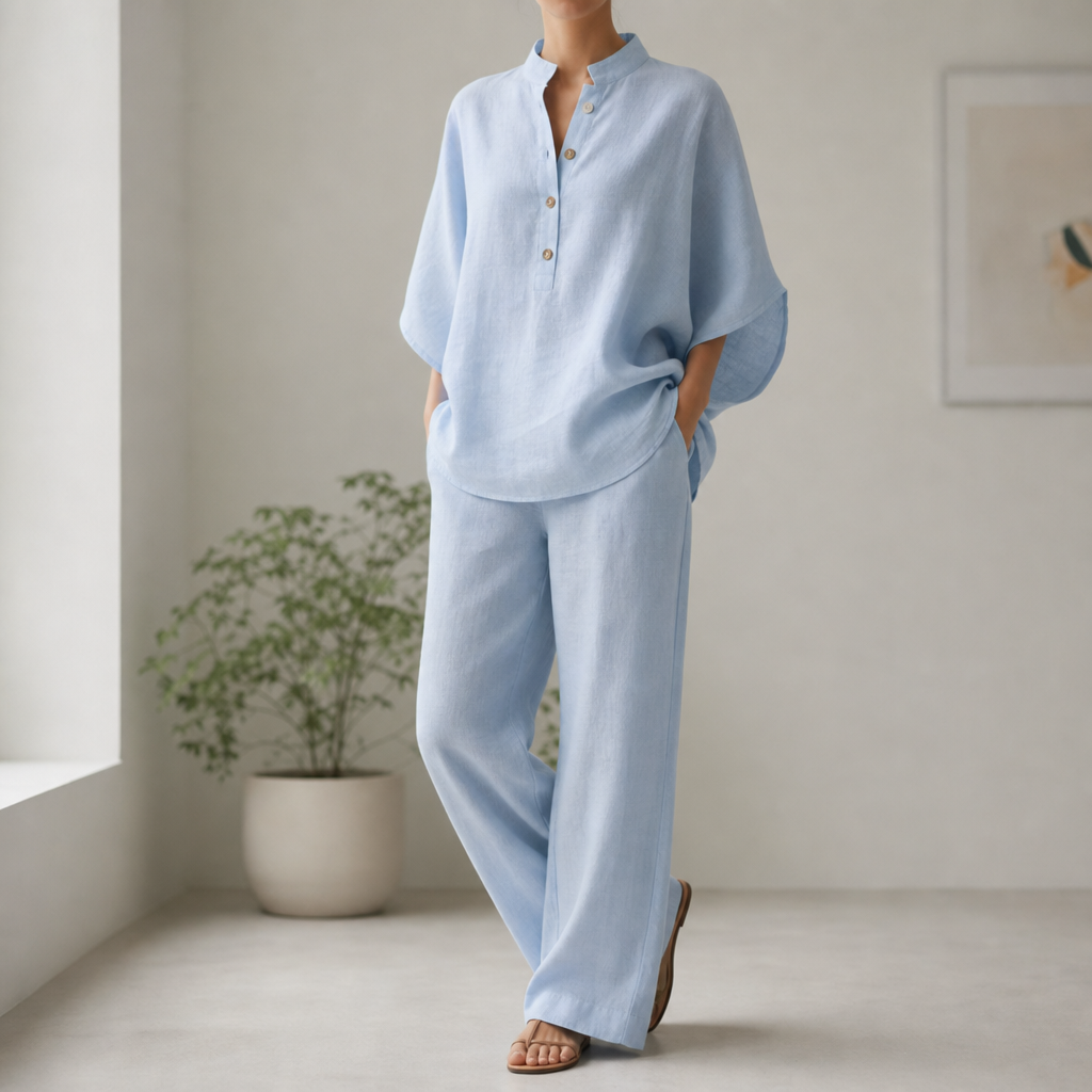 Sitges Linen Kimono Co-ord Set in Light BLue