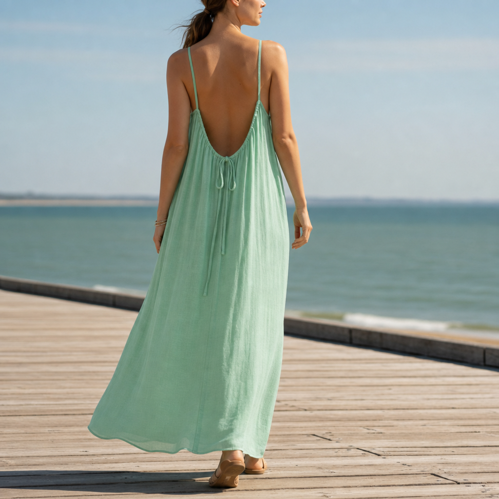 Erice Backless Linen Maxi Dress in Mint Green