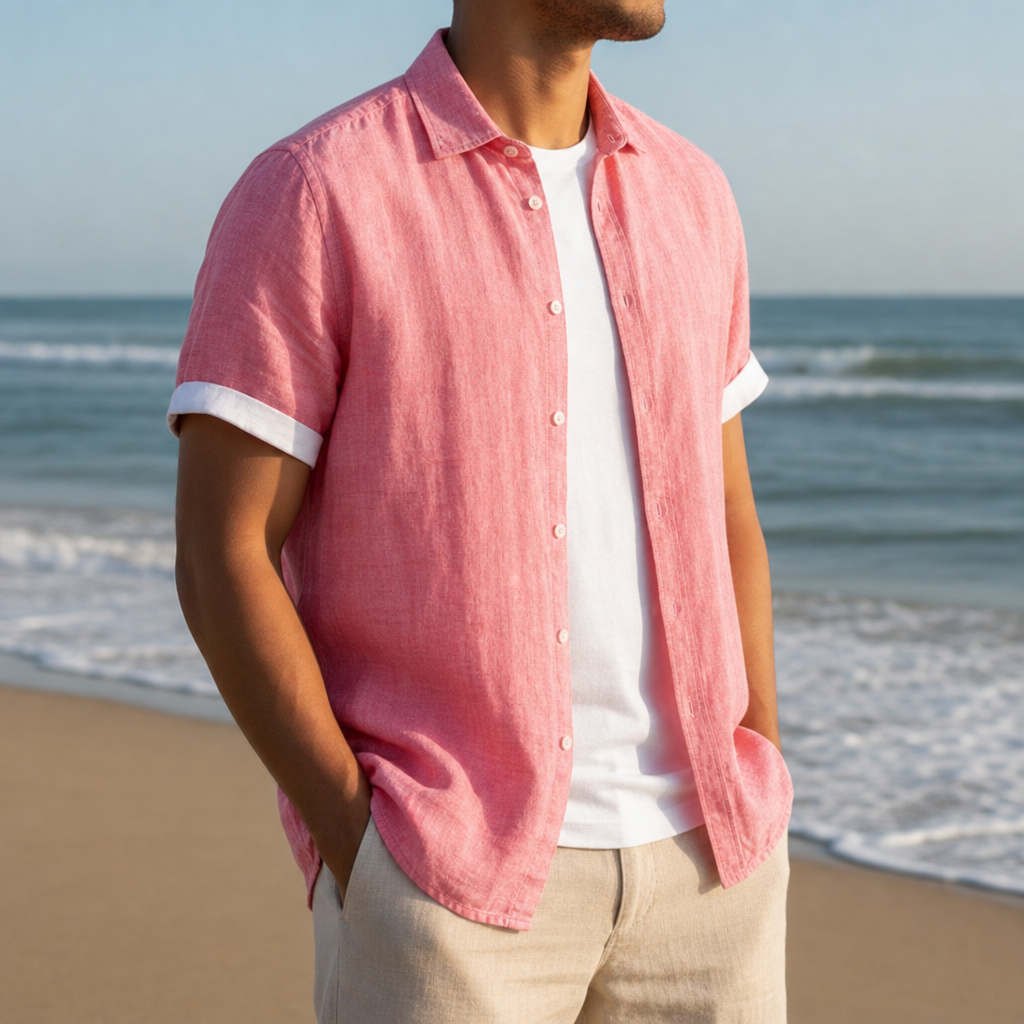 Nerja Linen Short Sleeve Shirt in Pink