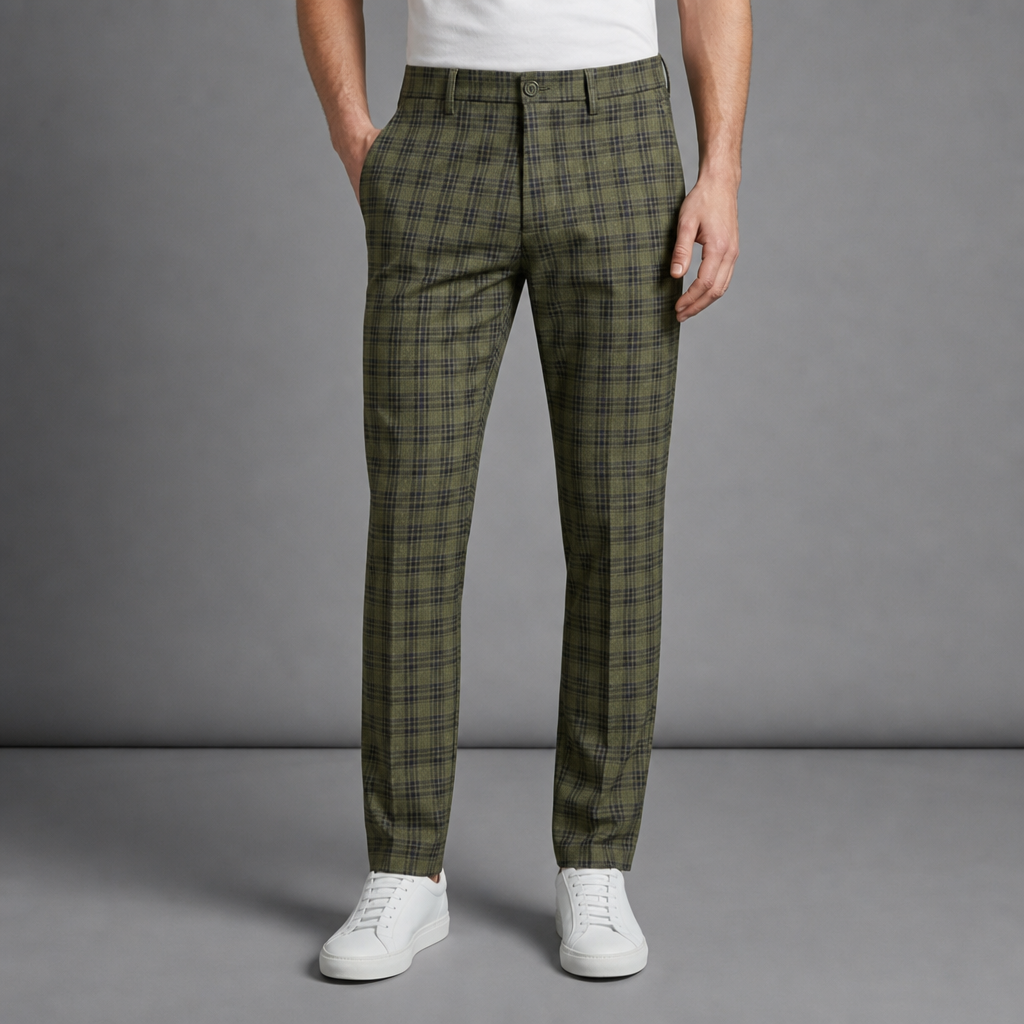 Cartagena Plaid Tapered Trousers in Olive Green