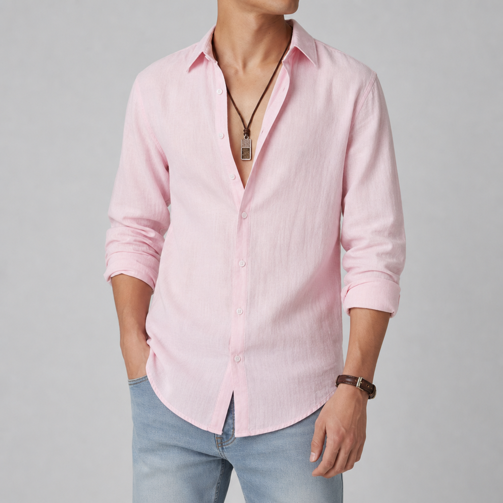 Fiesole Linen Open Collar Shirt in Light Pink