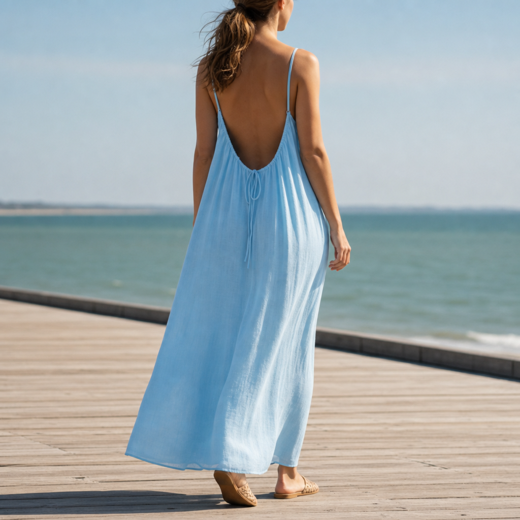 Erice Backless Linen Maxi Dress in Sky Blue