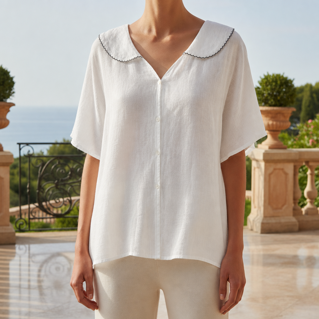 Stresa Doll Collar Linen Blouse in White