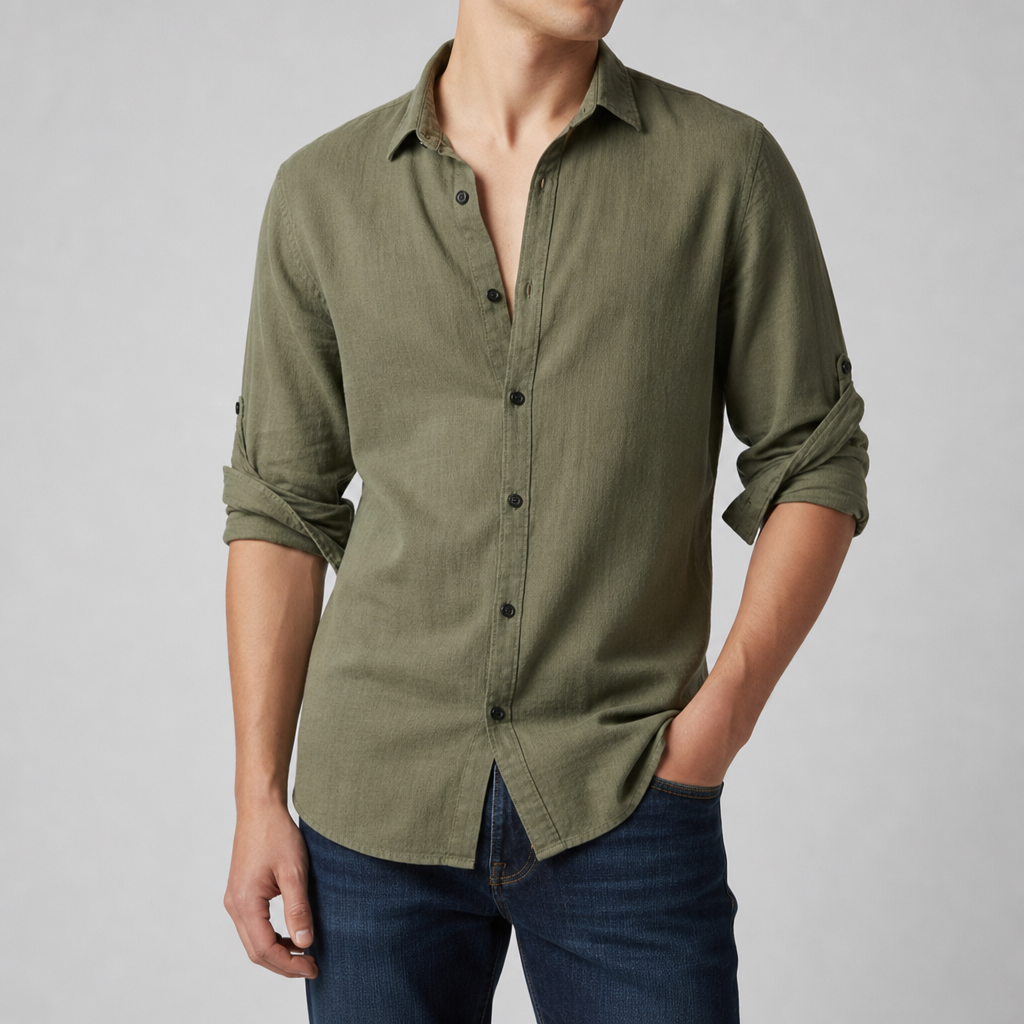 Fiesole Linen Open Collar Shirt in Olive Green