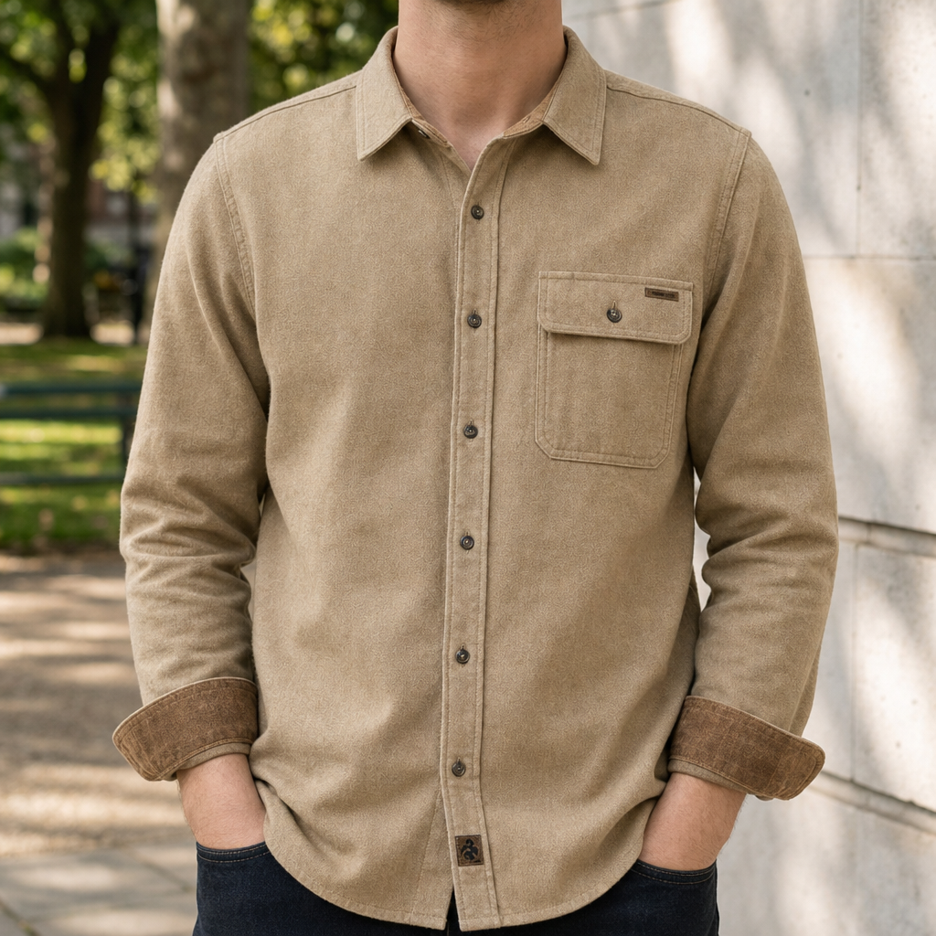 Kea Corduroy Trim Flannel Shirt in Khaki