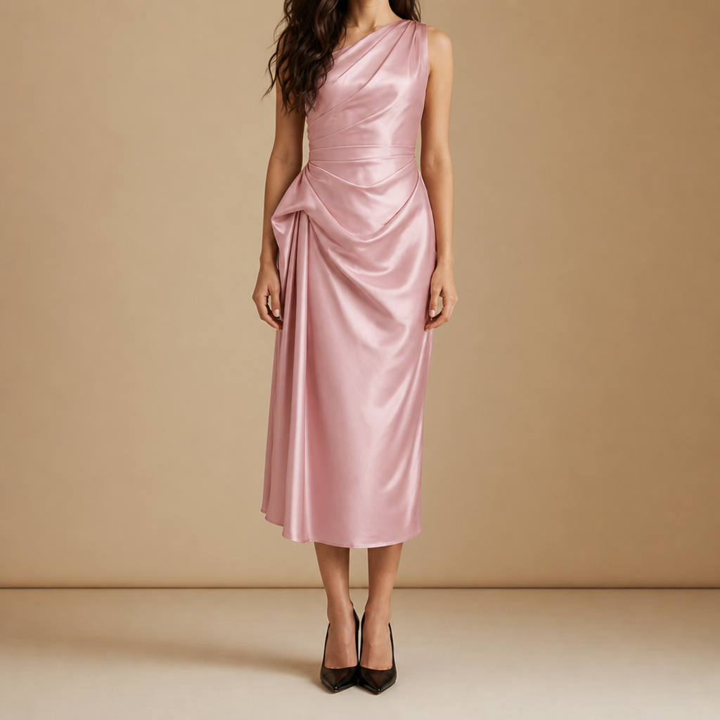 Figueres Ruched Satin Midi Dress in Pink