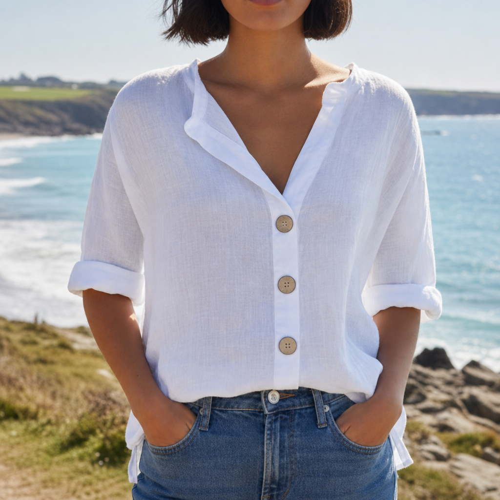 Rabat Linen Button-Up Blouse in White