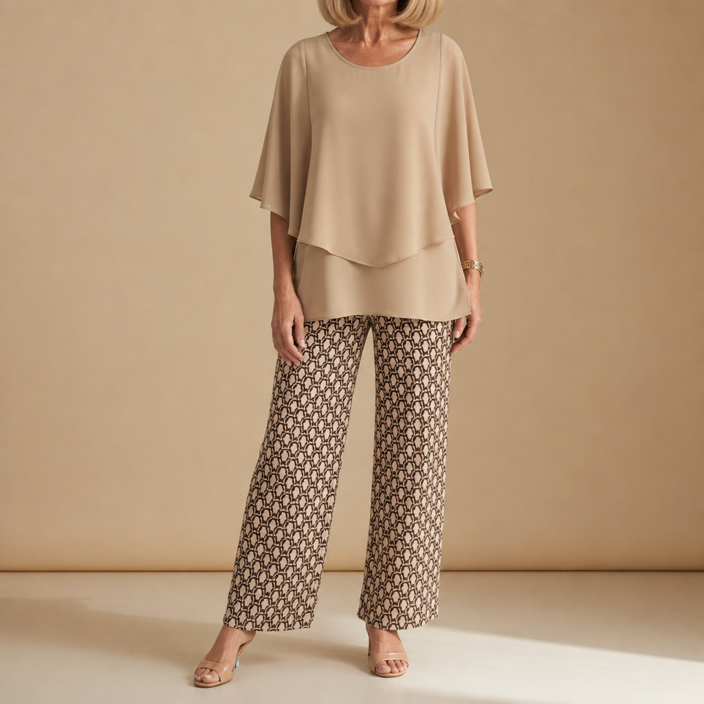 Marenzo Floral Chiffon Two-Piece Set in Khaki Beige