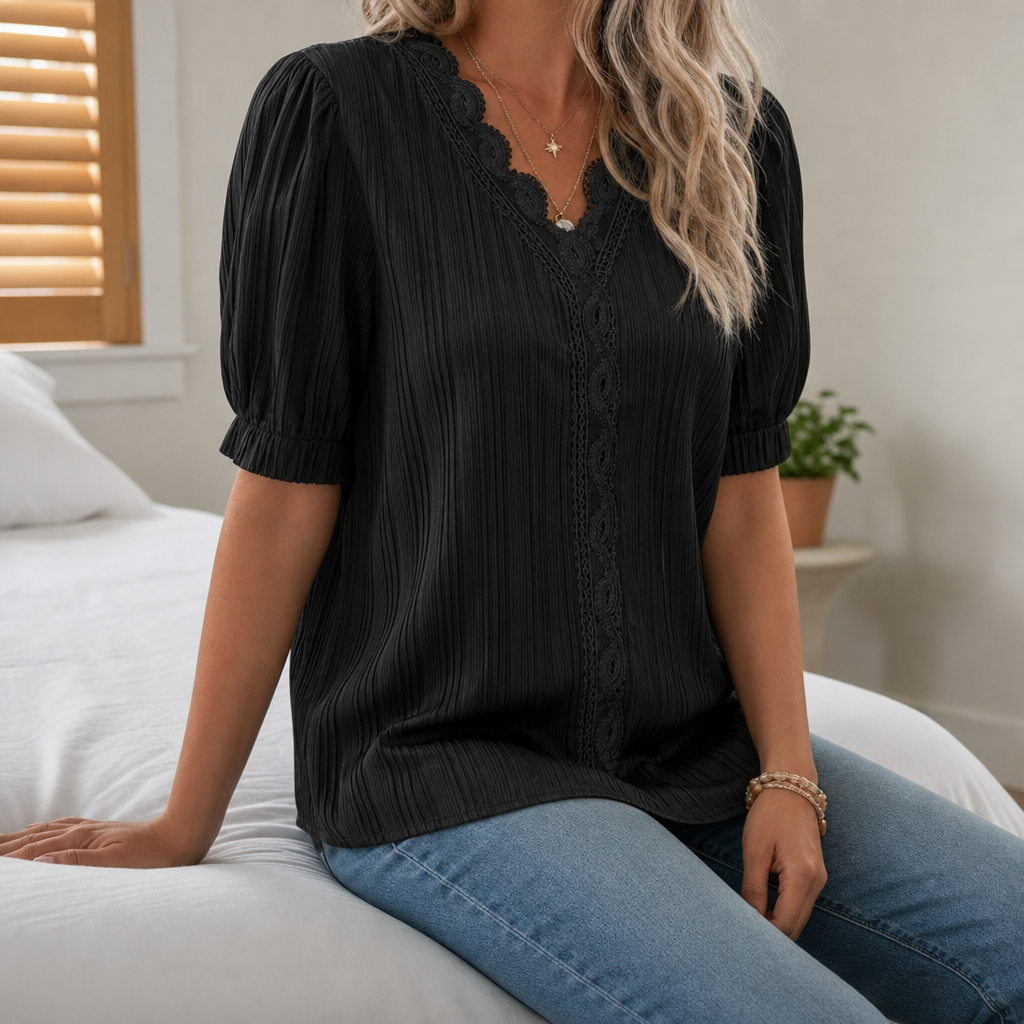 Porec Lace Trim V-Neck Blouse in Black