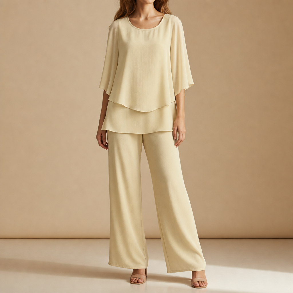 Marenzo Floral Chiffon Two-Piece Set in Butter Yellow