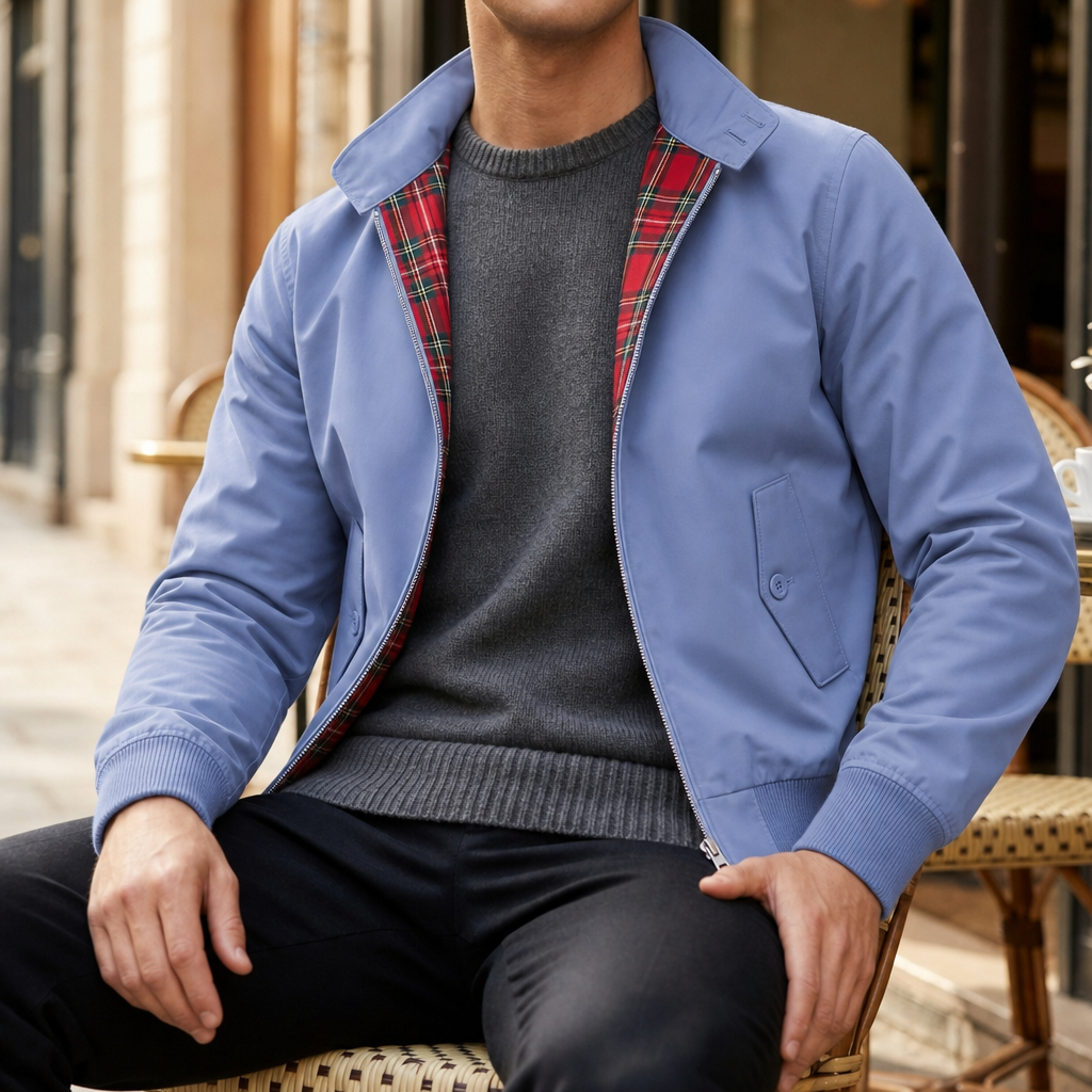 Siracusa Classic Tartan Lined Harrington in Light Blue