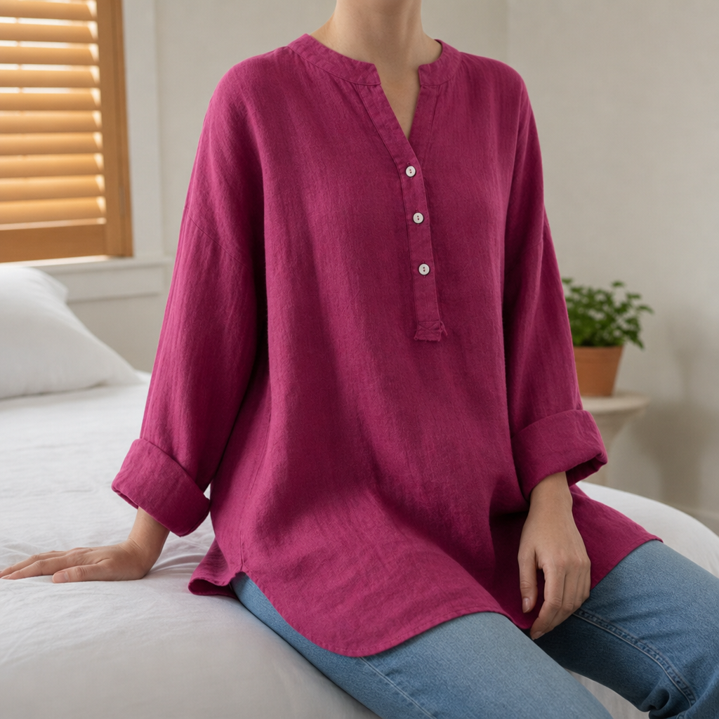 Kos Linen Button-Up Tunic in Pinkish Red
