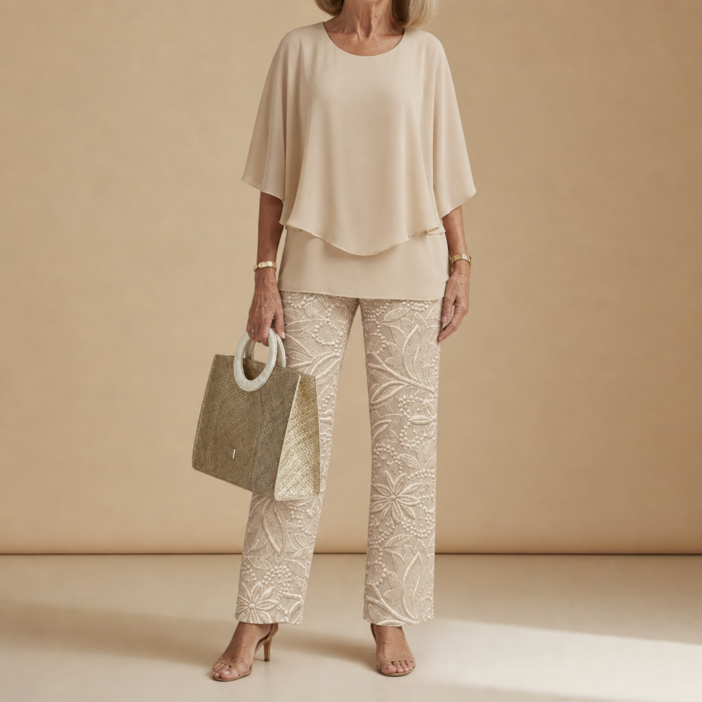 Marenzo Floral Chiffon Two-Piece Set in Ivory Sand