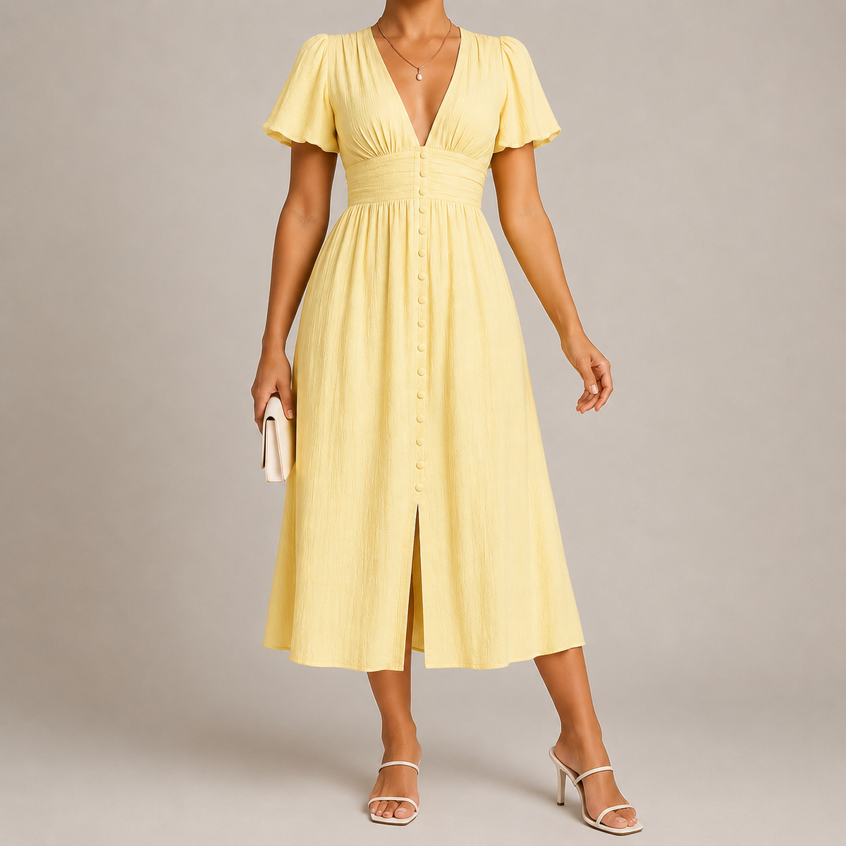 Roquebrune Buttoned V-Neck Midi Dress