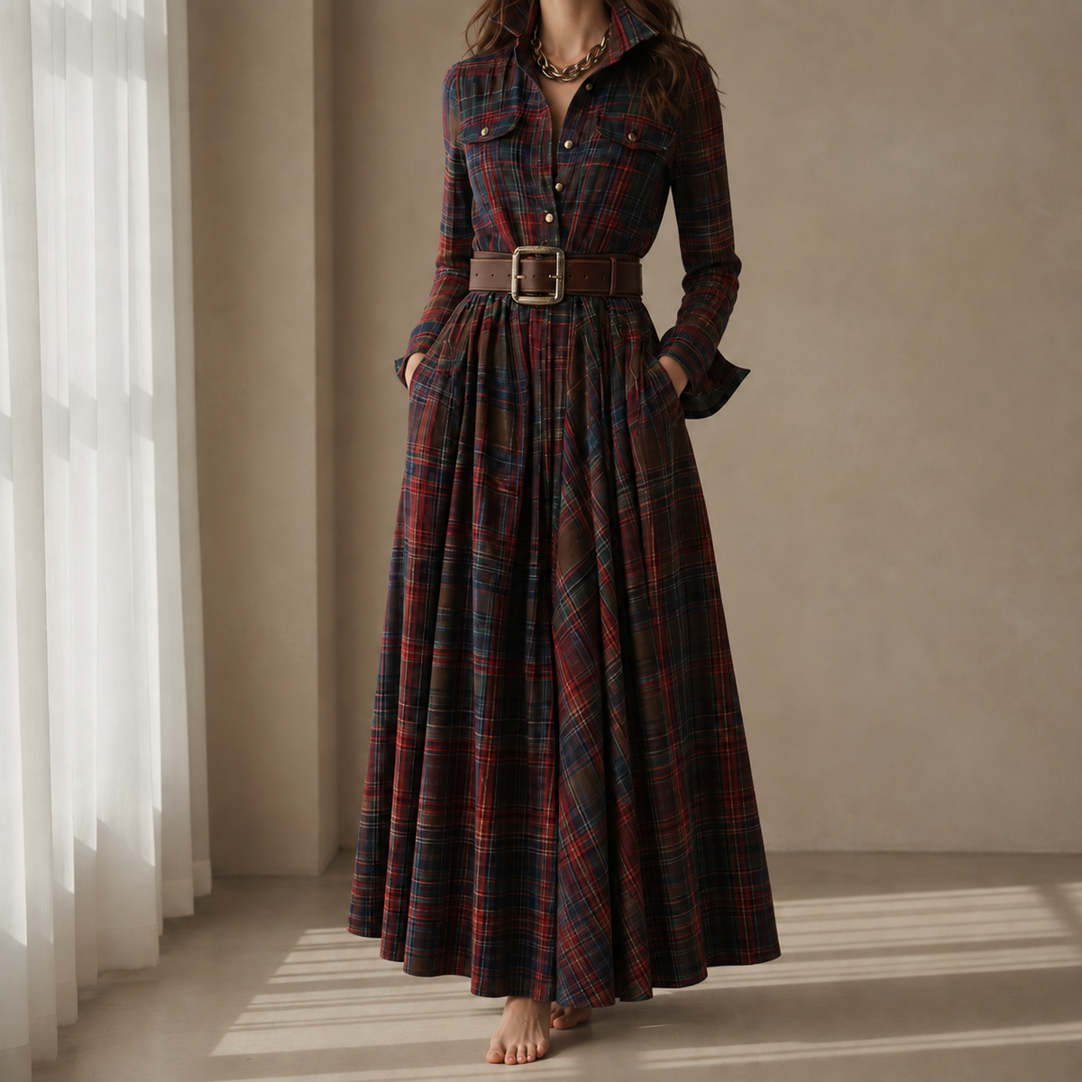 Nerja Plaid Maxi Shirt Dress
