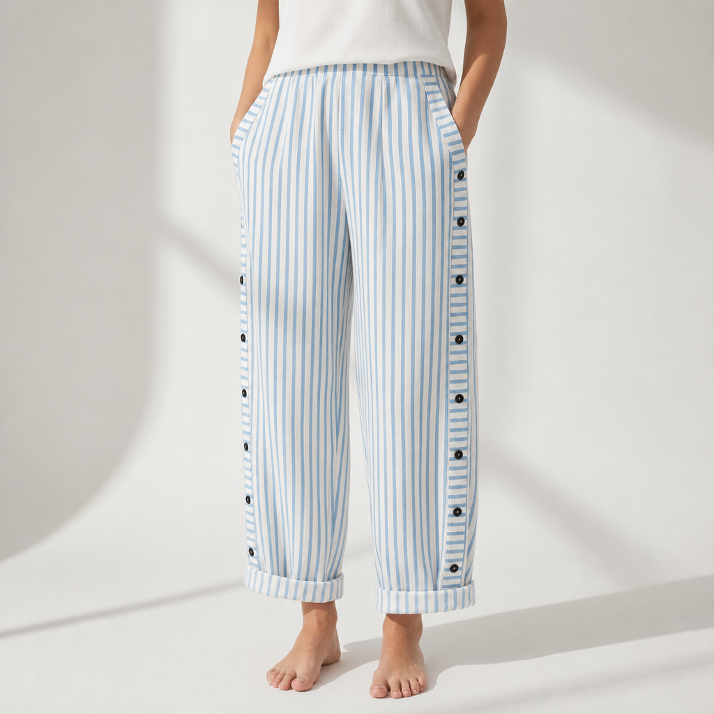 Amarante Striped Button Wide-Leg Pants in Blue