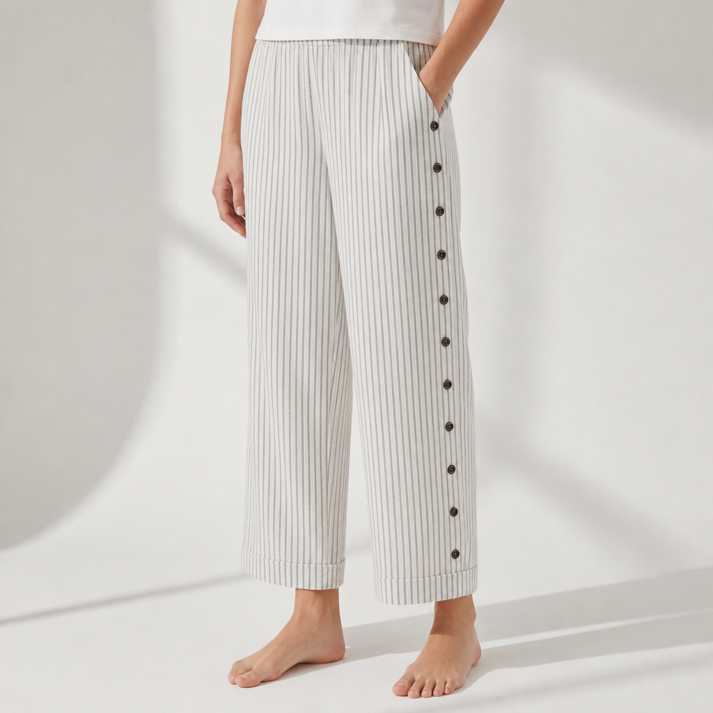 Amarante Striped Button Wide-Leg Pants in Grey