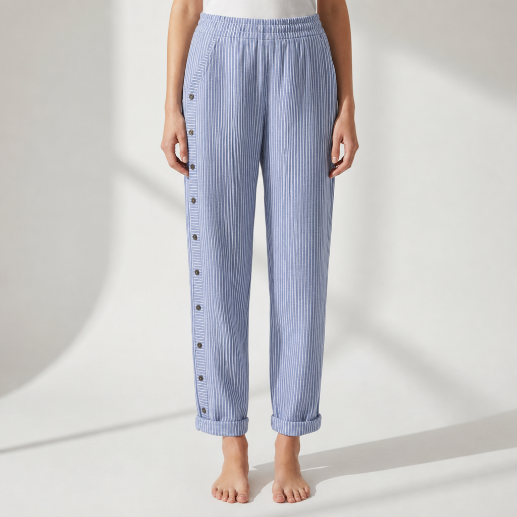 Amarante Striped Button Wide-Leg Pants in Dark Blue