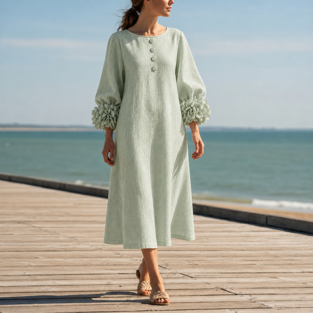 Amorgos Floral Cuff Midi Dress in Sage Mist