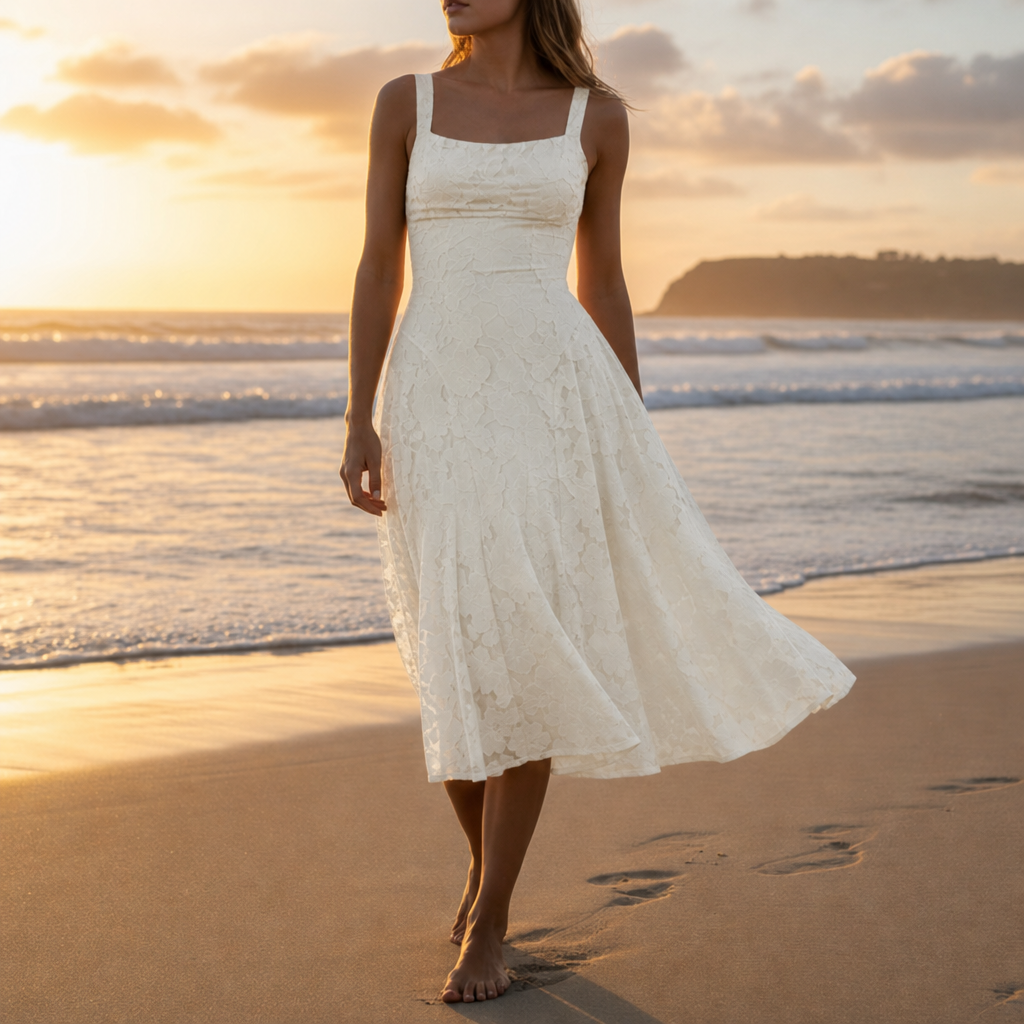 Antiparos Floral Lace Midi Dress in White