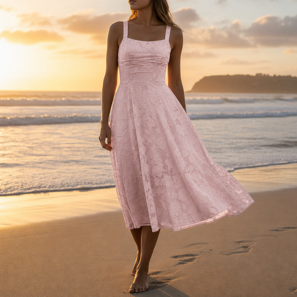 Antiparos Floral Lace Midi Dress in Pink