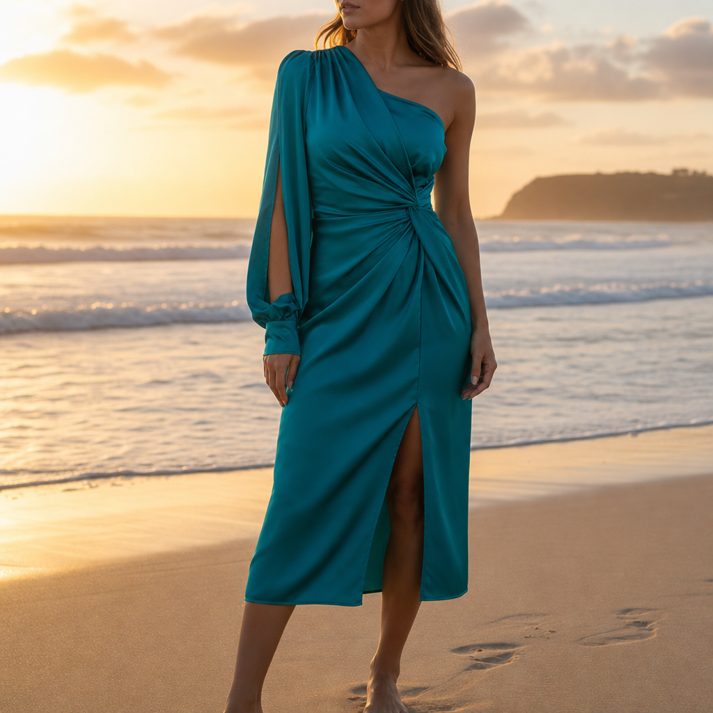 Ascoli One Shoulder Satin Dress in Turquoise