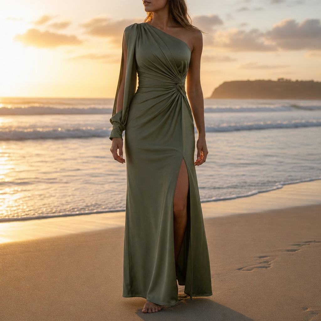 Ascoli One Shoulder Satin Dress in Olive Green