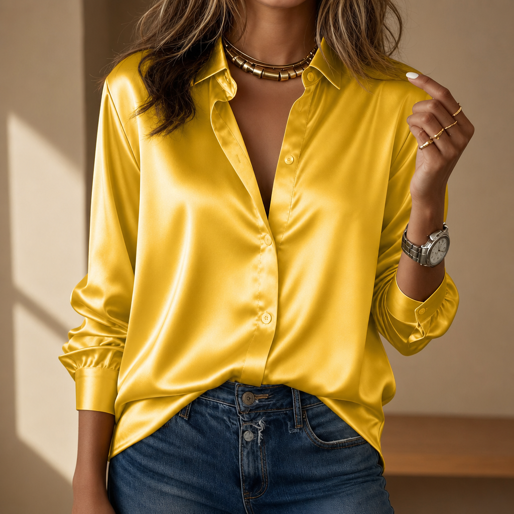 Begur Satin Button-Down Blouse in Yellow
