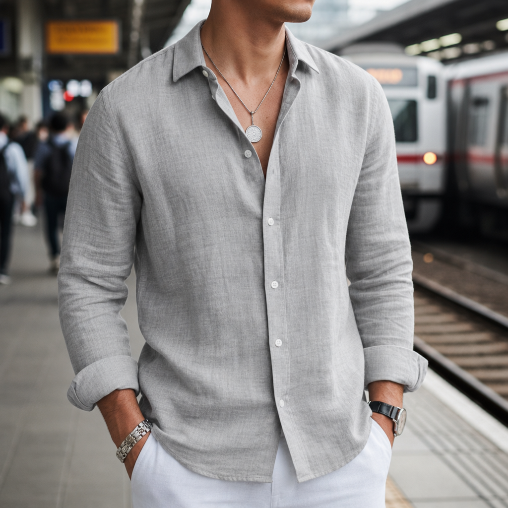 Biot Linen Button-Front Shirt in Gray