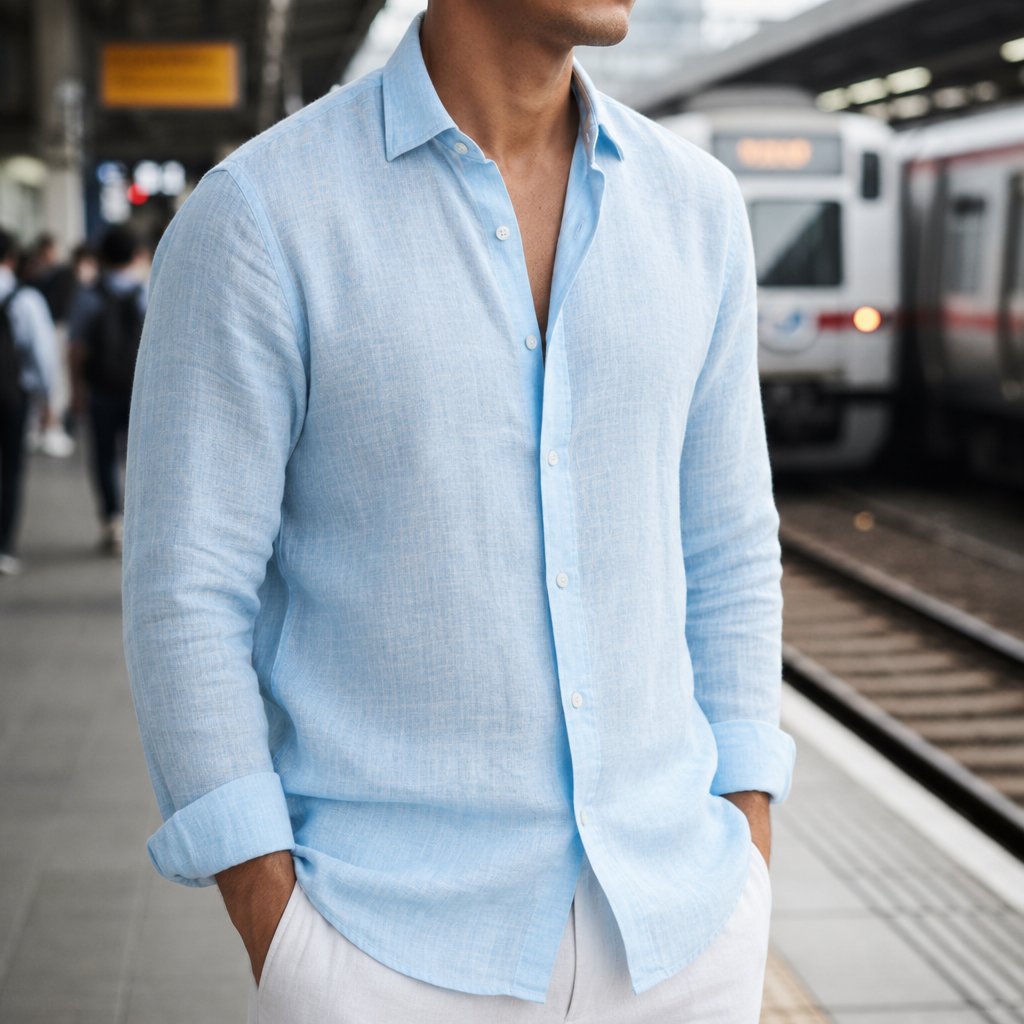 Biot Linen Button-Front Shirt in Blue