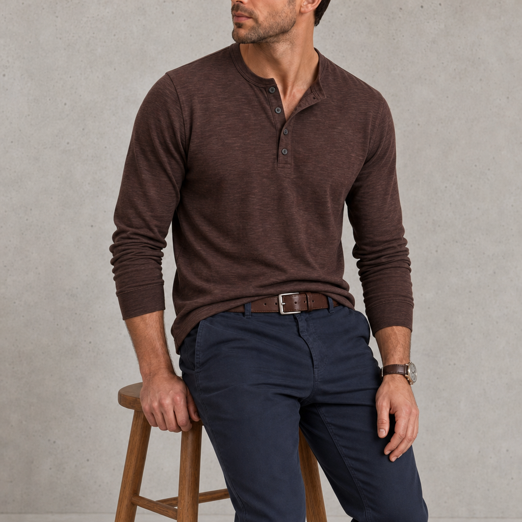 Bonifacio Long-Sleeve Henley Top in Brown