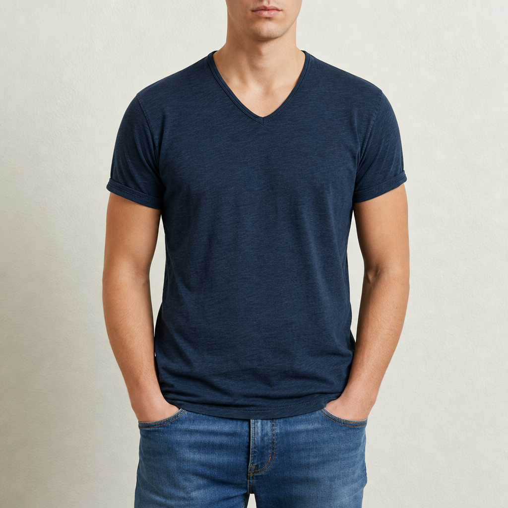 Braga V-Neck Cotton Tee in Navy