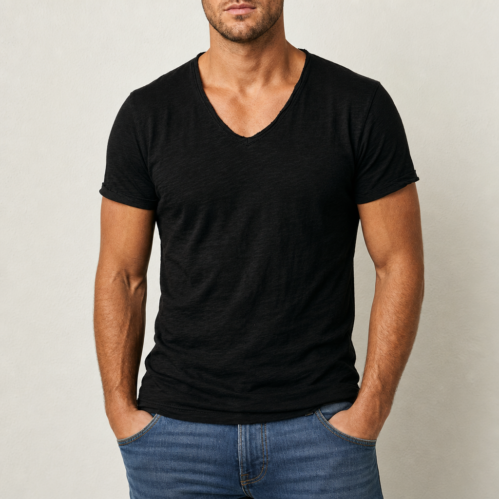Braga V-Neck Cotton Tee in Black