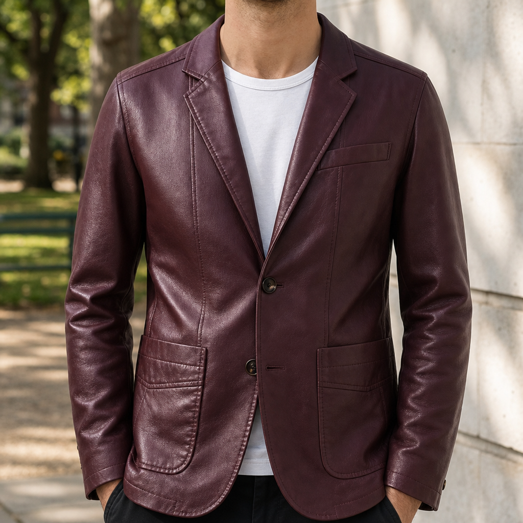Cavtat Leather Blazer Jacket in Burgundy