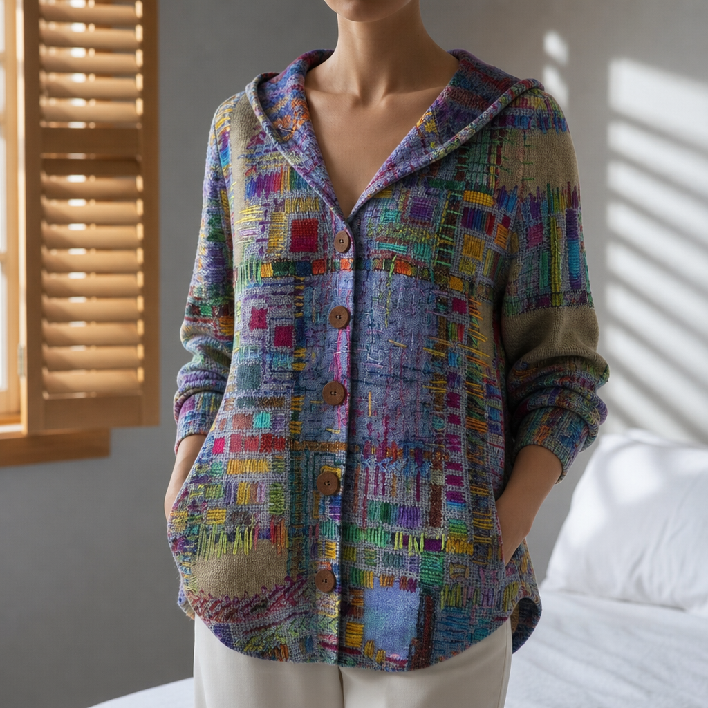 Corte Abstract Print Hooded Cardigan in Purple