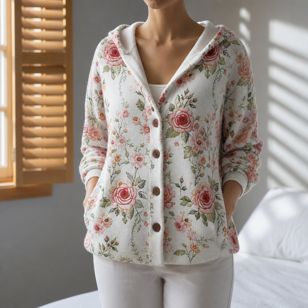 Corte Abstract Print Hooded Cardigan in Floral White
