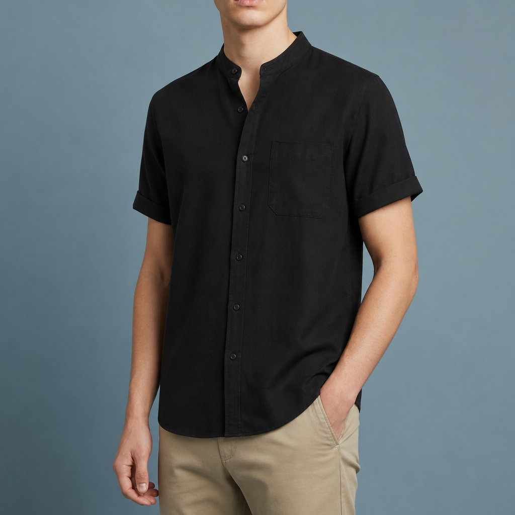 Elounda Collarless Linen Shirt in Classic Black